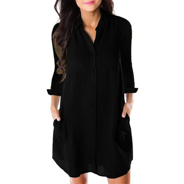 

осень женщина мини платье женская повседневная сыпучая длинный рукав vintage рубашка платье vestidos длинные блузки топы, Black;gray