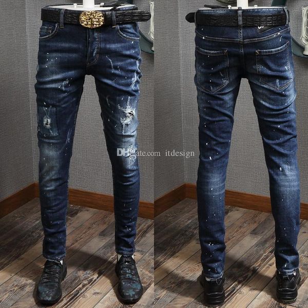 

классические 5 карманов синие джинсы человек с пятнами краски и стежком подробно 2019 горячий и новый ковбой, Blue