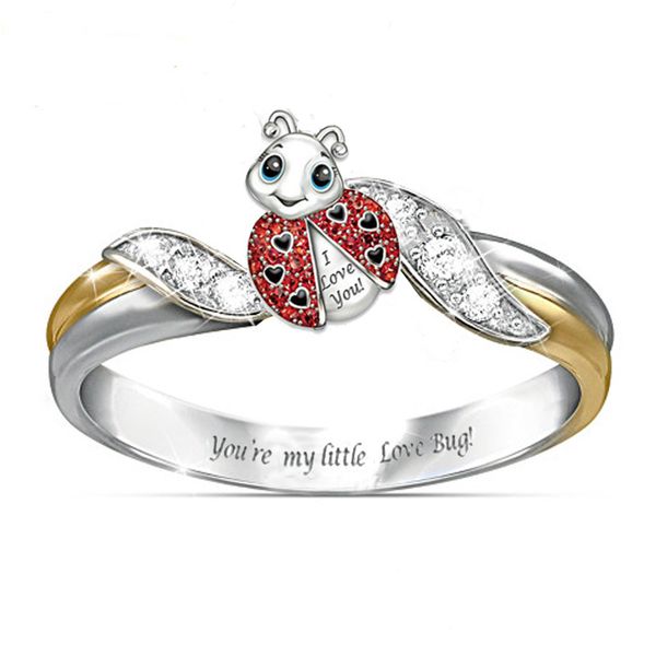 

2020 новый стиль ты моя маленькая любовь ошибка божья коровка двухцветное покрытие прозрачный кристалл группа кольцо для помолвки свадьба за, Golden;silver