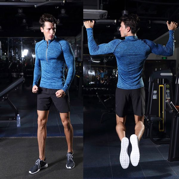 

2017 men patchwork sports compression tight gym clothing fitness training t-shirt running bodybuilding long sleeve t shirt, White;red