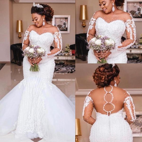 

luxury beading mermaid wedding dresses long sleeve appliques pearls african wedding bridal gowns plus size bridal vestido de noiva bc3027, White