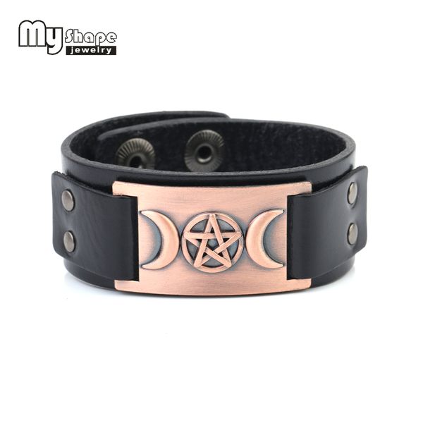 

my shape leather men bracelet vintage metal triple goddess sign black and brown leather band bracelets for women, Golden;silver