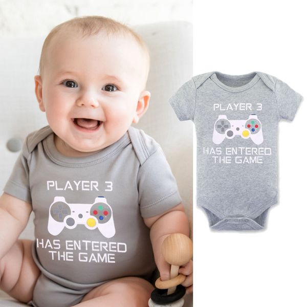 

0-24m newborn infant baby boy girl short sleeve player 3 has entered the game print cotton baby bodysuit jumpsuit outfit clothes, Blue