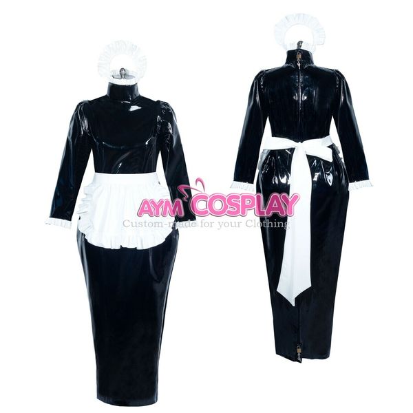 

2020 lockable black pvc long sissy maid dress, Black;red