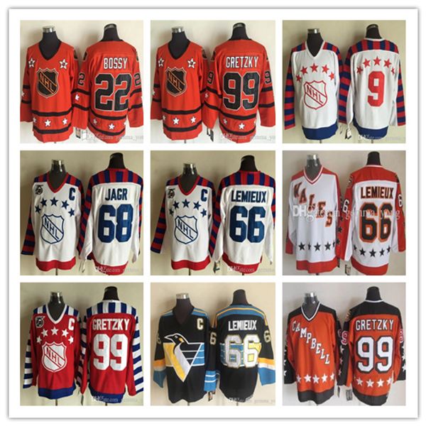 

men 2019 vintage all star hockey jerseys 99 wayne gretzky 22 mike bossy 66 mario lemieux 68 jaromir jagr 9 mike modano stitched jersey, Black;red