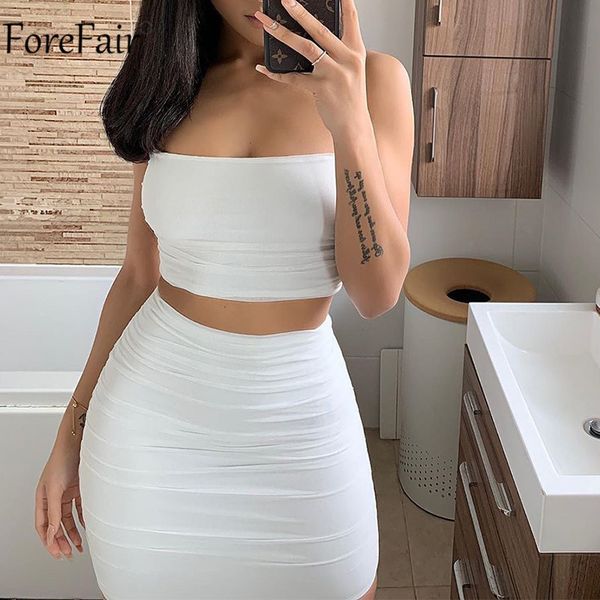 

forefair white women set summer spaghetti strap crop party backless and mini bodycon skirt short outfit sleeveless