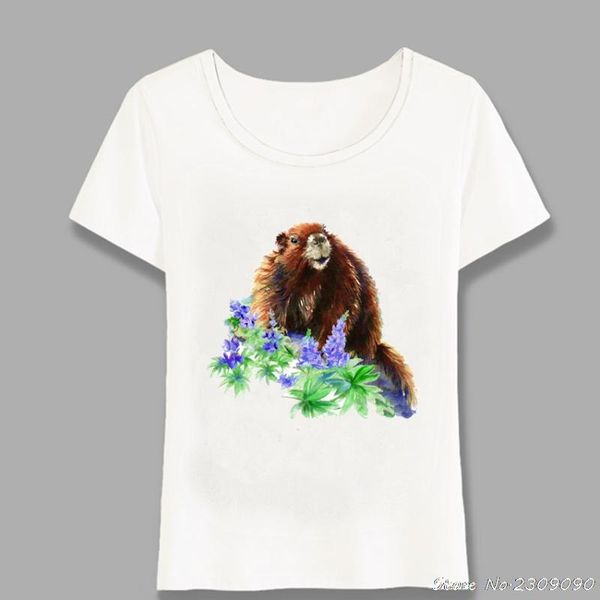 

new summer women short sleeve groundhog woodchuck watercolor animal print t-shirt woman casual hipster cool tees harajuku, White
