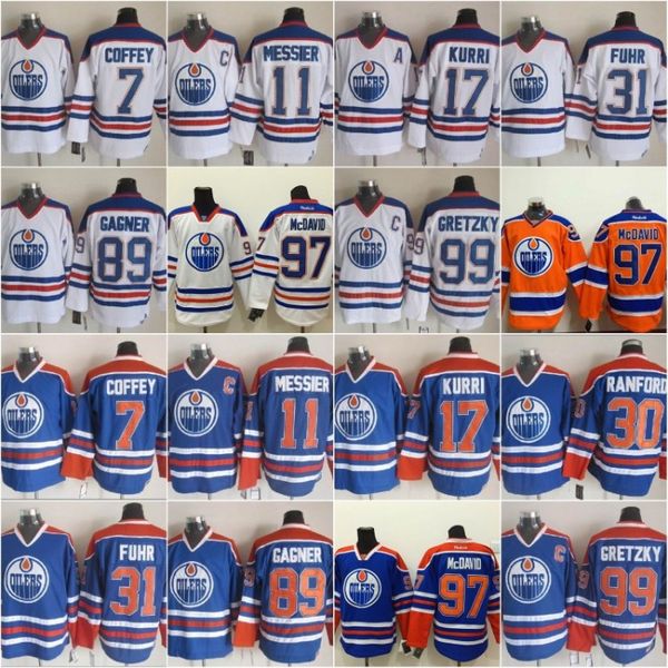 

edmonton 7 paul coffey vintage ccm jersey 31 grant fuhr oilers 89 sam gagner 17 jari kurri 99 wayne gretzky 11 mark messier 30 bill ranford, Black;red