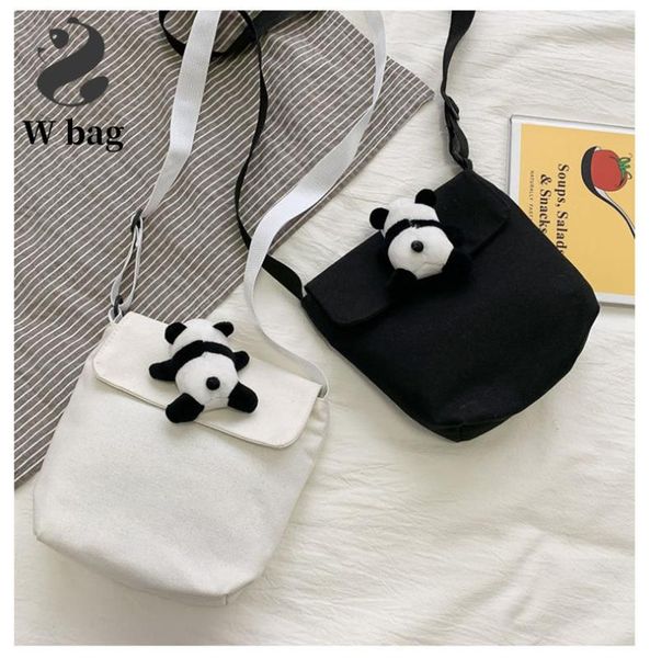 

sw black white with furry panda bear canvas crossbody messenger bag girl women kawaii cute shoulder bags