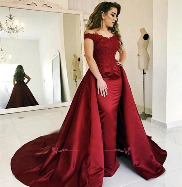 Fora do ombro Vestidos de noite 2019 Appliqued Satin Red Carpet Holiday Women Wear Formal Party Prom Vestidos Custom Made Plus Size