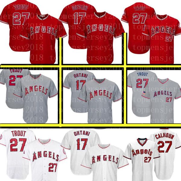 

Los Angeles 17 Shohei Ohtani 27 Mike Trout Angels Jersey Men's Majestic White Red Grey Retro FlexBase CoolBase Jerseys