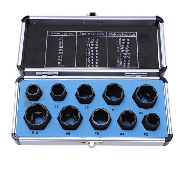 

10pcs high section damaged bolt nut screw remover extractor removal set nut removal socket tool black 9-19mm