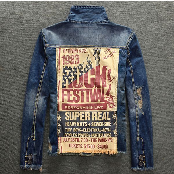 

men's jackets vintage rock print jeans punk jacket long sleeves cool slim fit demin outwear large size jacket, Black;brown