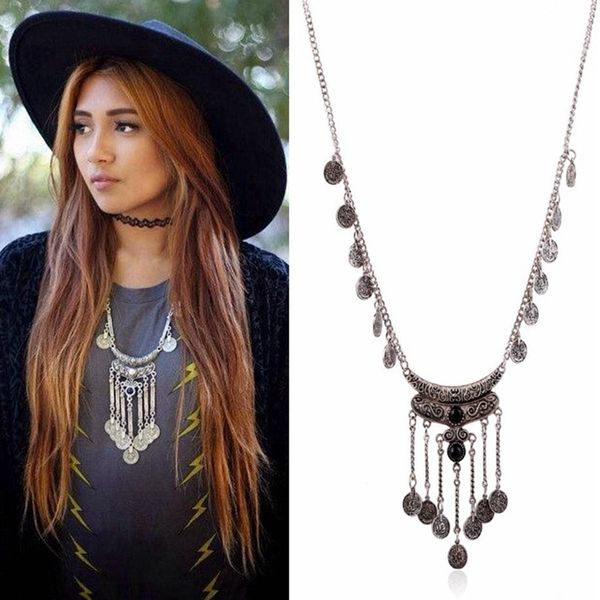

bohemia vintage gem coin pendant necklace ethnic metal sweater chain multilayer tassel necklace for women fashion jewelry, Silver