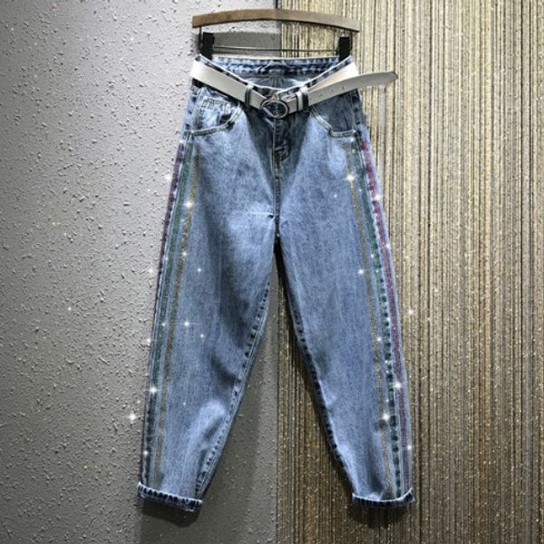 

colorful rhinestone denim pants women's 2020 spring new high-waist loose-fit straight-cut harem dad pants jeans woman, Blue
