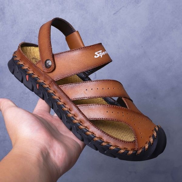 

fashion 2020 genuine leather men sandals men shoes sandles summer beach male sandals leather for big size 38-46, Black