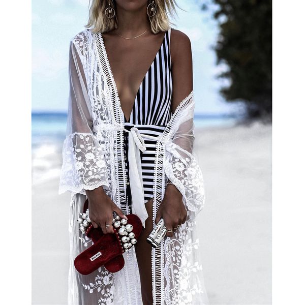 

women's swimwear 2021 women swimsuit cover up white lace long sleeve kaftan beach tunic dress robe de plage pareo high collar, White;black