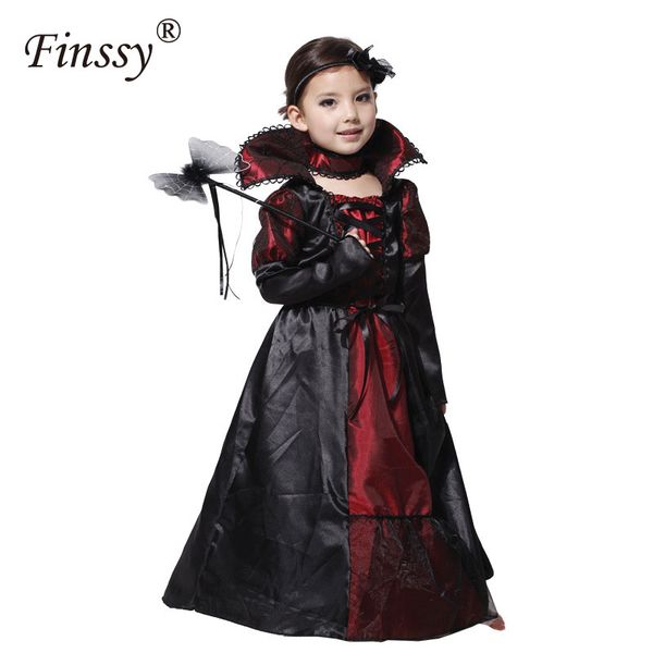 

children girls princess vampire cosplay costumes for kids halloween costume long dress carnival party, Black;red