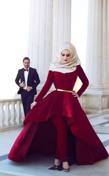 

red velvet muslim wedding dresses long sleeve fashion hijab with pants 2020 new style bridal wedding gowns on waist sash 79, White