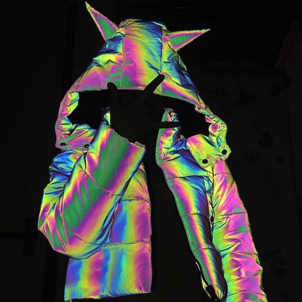 

cute women girls reflective long parkas down jackets cool bling luminous hooded down jackets thick out coats bubble coat winter, Black