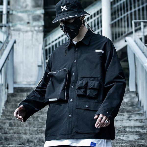 

streetwear harajuku multi-pocket jacket men cargo 2020 new spring fashion loose coats tactics jackets male pocket us size xn0004, Black;brown