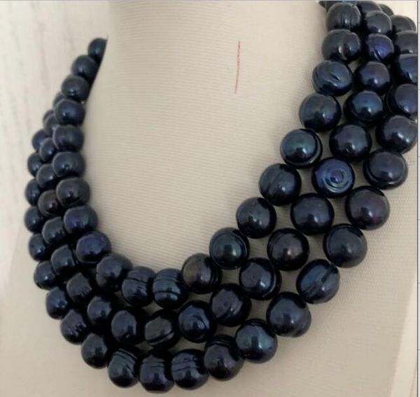 

single strands 11-12mm tahitian black blue pearl necklace 48inch, Silver
