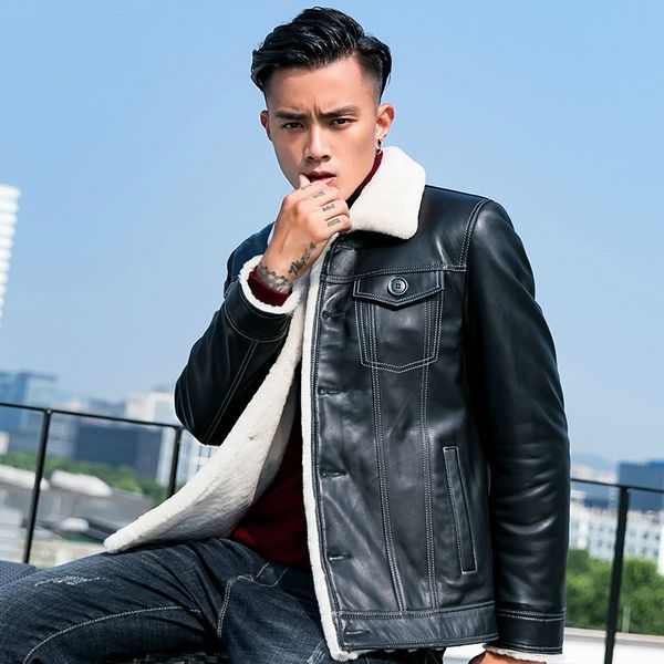 

genuine leather jacket men sheep shearing real fur coat winter jacket men's vintage motorcycle warm wool jackets casaco yy865, Black