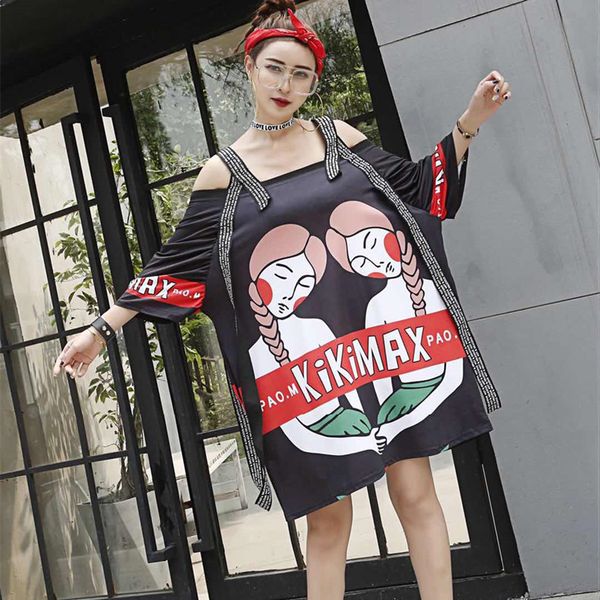 

summer women's t-shirt 2019 summer tide brand beauty pattern stitching ribbon large size hip-hop strapless short-sleeved t-shirt, White