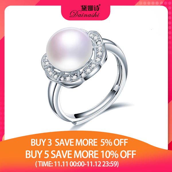 

dainashi 925 sterling silver flower zircon adjustable ring 100% genuine freshwater cultured pearl ring party gift for women, Golden;silver