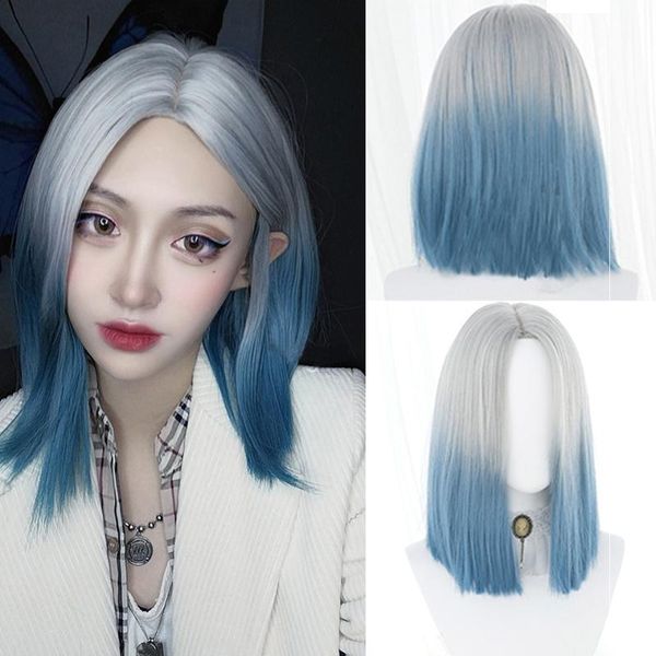 

synthetic wigs ailiade short middle part side fake hair grey to blue straight heat resistant women fashion cosplay party wig, Black
