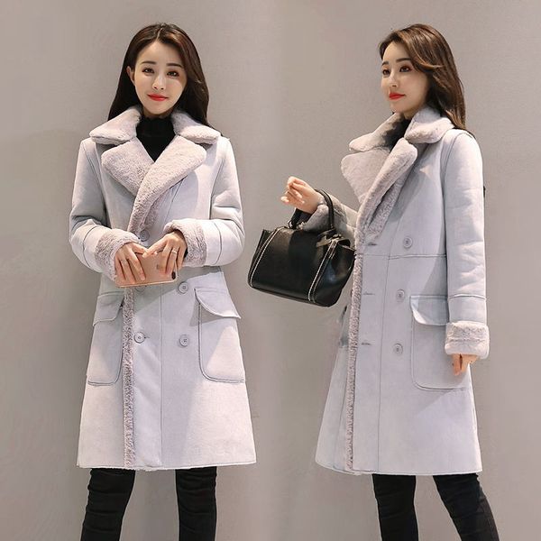 

fashion women's winter long cotton jacket gray elegant lapel plush thick jacket pocket double breasted women cotton parkas, Tan;black