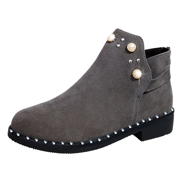 

muqgew new style vintage women boot pearl shoes martain boots suede flat ankle boots zipper boot autumn shoes #1203, Black
