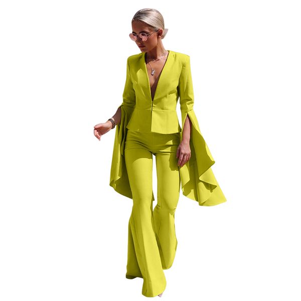 

s-3xl lapel women suits fashion irregular large swing sleeves + bell pants yellow black temperament office women two-pi, White;black