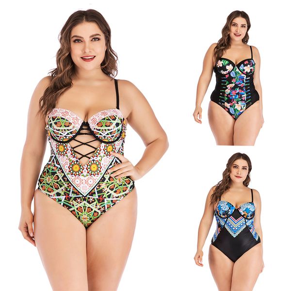 

2019 new bikini add big yards women's three angle one-piece swimsuit print flowers bathing suit gathered cultivate one's morality