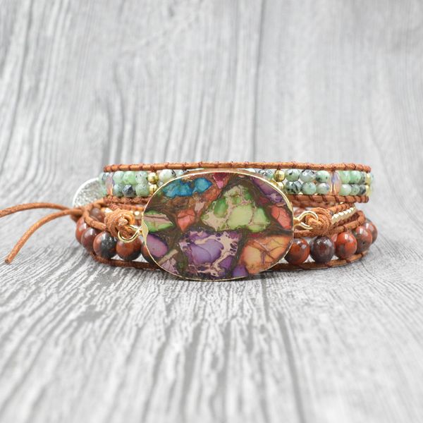 

women leather bracelet unique mixed natural stones picasso stone charm 3 strands wrap bracelets handmade boho bracelet dropship, Golden;silver