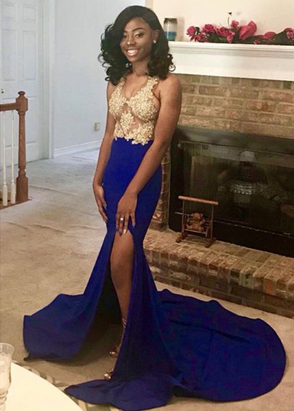 

royal blue mermaid prom dresses 2019 high slit front beaded lace illusion v-neck african black girl long prom dress