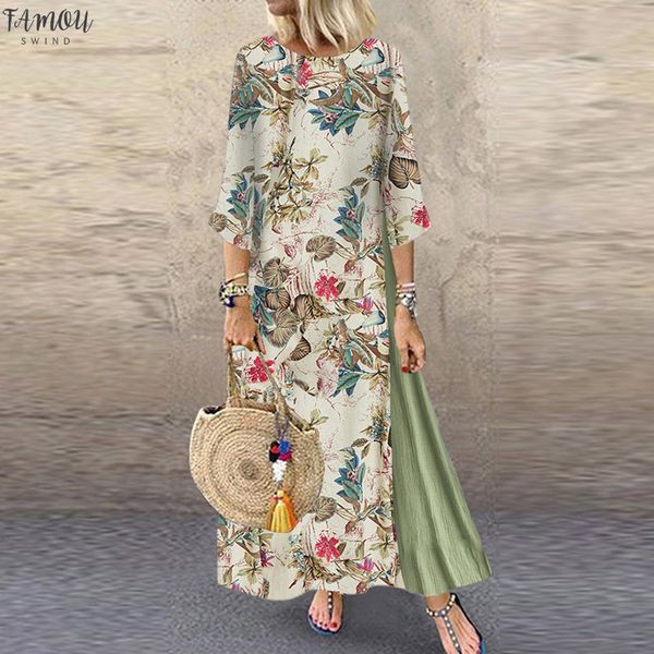 

women fall dress plus size new fashion vintage print floral patch dress 3/4 sleeve o-neck loose maxi summer dress 2020 f40, Black;gray