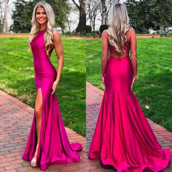 

2020 satin mermaid split evening dresses ruffles tiered skirt prom gown crew neck backless party dress bc3446, Black;red