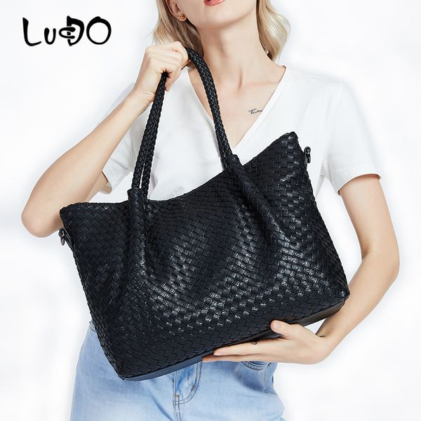 

lucdo handmade woven hand-woven pu leather casual handbags big tote bag large capacity shopping bag vintage shoulder