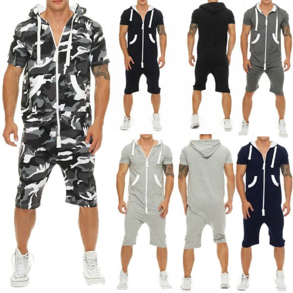 

men jumpsuit overalls summer casual short sleeve pullovers men zipper sportwear overalls shorts romper suit, Gray