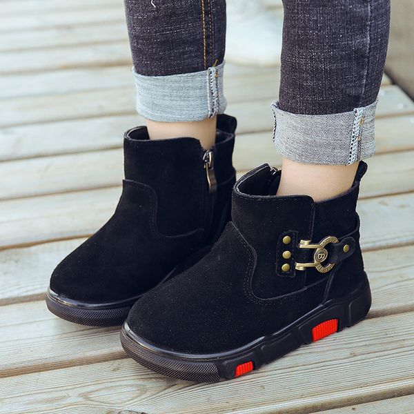

winter new kids snow boots for boys ankle boots girls leather warm plush shoes flat boots chidren school shoes retro black brown, Black;grey