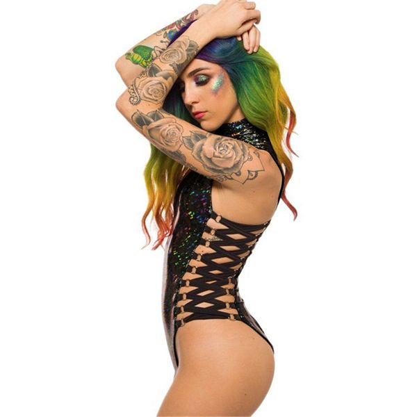 

bodysuit женщина комбинезоны женщина сексуальная серый голографический bodysuit rompers 2019 партия музыкального фестиваль rave bodycon узел, Black;white