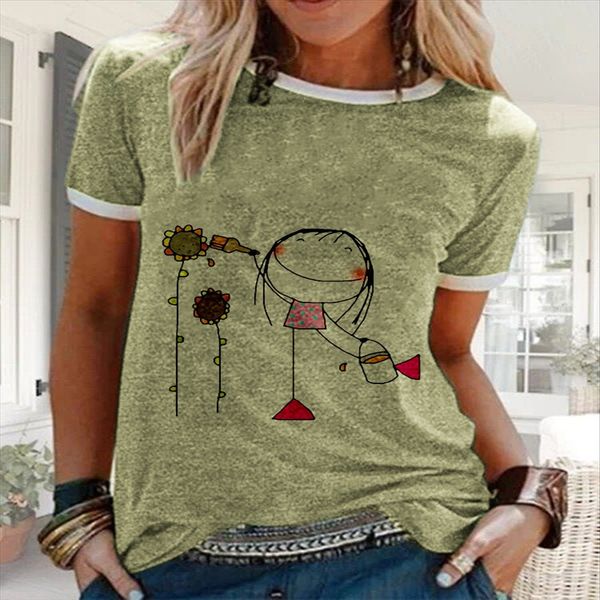 

2020 women's cartoon girl flower printing cotton cotton linen linen short sleeve casual t-shirt, White