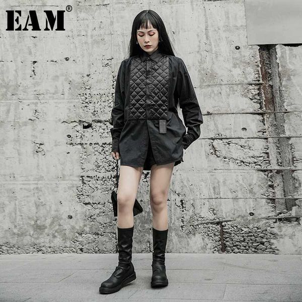 

eam] women black split joint big size blouse new lapel long sleeve loose fit shirt fashion tide spring autumn 2020 1r603, White