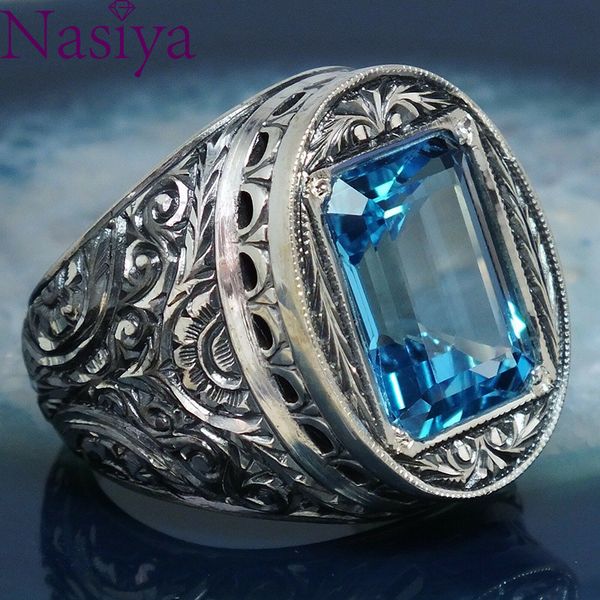 

vintage style carved hollow blue crystal ring luxury silver gemstone jewelry for men women birthday anniversary gift, Golden;silver