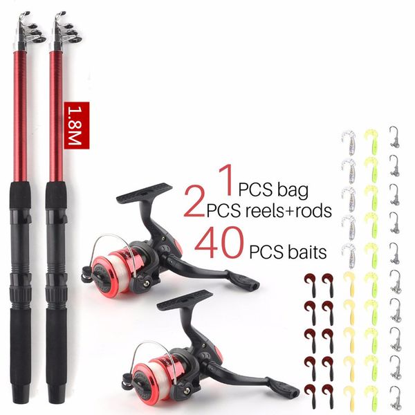 

2019 1.8m fishing rod combo kit 2pcs spinning collapsible poles 2pcs spinning reels with baits lures fishing kit