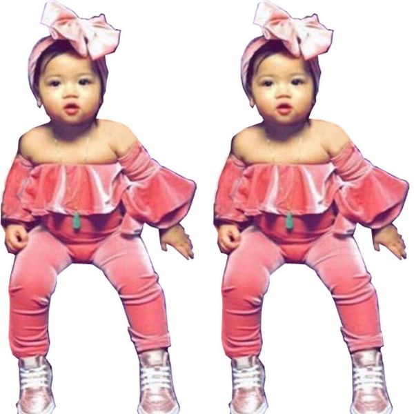 

2019 brand new kids baby girl off shoulder velvet ruffle romper sweet pink jumpsuit overall pants headband 2pcs outfit clothes, Blue