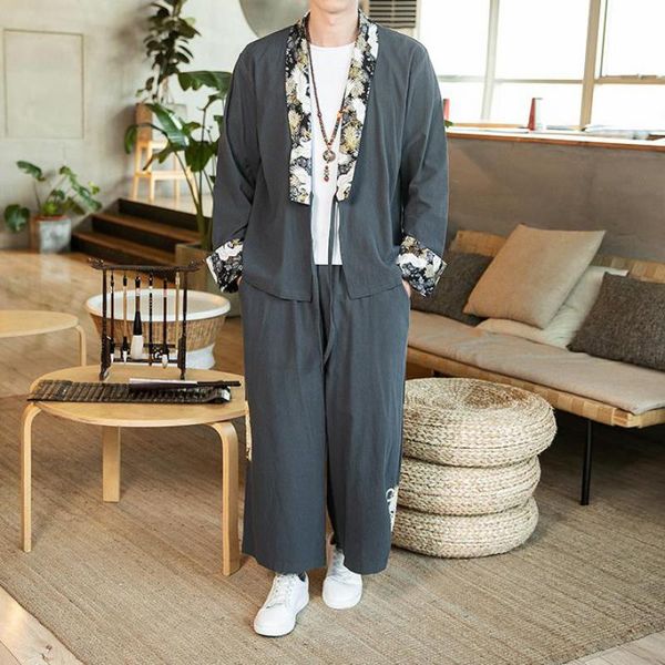 

japanese style men cotton linen suit loose vintage streetwear plus size male spring new komono shirt + wide leg pants 2 pcs sets, Gray