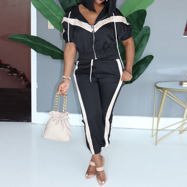 

women patchwork long sleeves hooded sweatshirt coat long pants sports suit, White;black