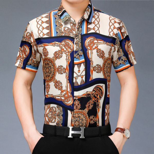 

men's casual shirts floral printed mens short sleeve for summer blouses large size silk satin hawaii clothes rayon social club, White;black